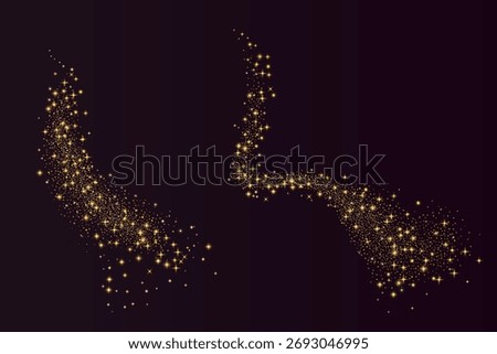Magic golden blinks and twinkle dust set. Gold blings and glitter swooshes. Shimmer spray effect. Shiny stardust powder curvy lines texture. Festive particles waves element. Vector illustration.