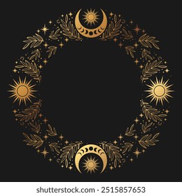 Magia dourado celestial aramado redondo com sol, estrelas, lua, crescentes e copiar plantas. Quadro místico para desenho de tarô, esotérico, astrologia. Modelo para cartaz e impressões.