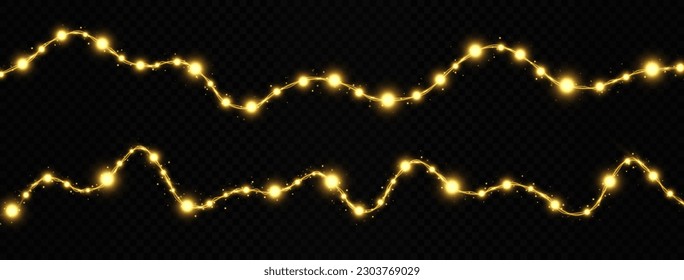 Magic golden Christmas garlands string. Realistic shiny Christmas lights. Sparkle lamps for Xmas banner. Christmas background.