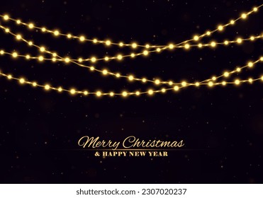Cadena mágica de guirnaldas navideñas doradas. Lámparas espumosas para el cartel de Navidad. Luces navideñas brillantes y realistas. Fondo de Navidad.