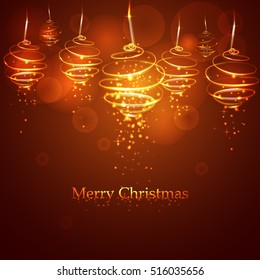 Magic  golden Christmas tree balls on red background. Glowing spirals trace with shined dust. New Year & Christmas vector illustration.