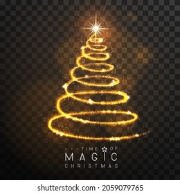 Magic golden Christmas tree silhouette. Magic wand with golden glowing shiny trail.  Isolated on black transparent background. Vector illustration