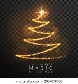 Magic golden Christmas tree silhouette. Magic wand with golden glowing shiny trail.  Isolated on black transparent background. Vector illustration