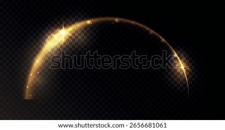 Magic golden dust trail with shine effect in round shape. Glowing halo with sparkles and shimmer. Vector element isolated on transparent background