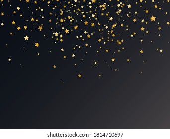 Magic golden flying stars on dark background. Luxury gold Christmas star frame. Elegant design elements for holiday. Xmas ornament. Greeting card. Vector illustration.