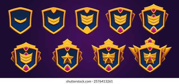 Magic golden game rank level set. Perfect for epic, legend achievements and badges. Progress award for games. Golden and gemstone. Fantasy, adventure.