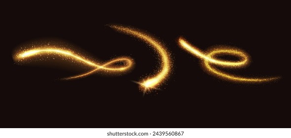 Magic golden glitter trails realistic vector illustration set. Shimmering waving light traces 3d elements on transparent background collection