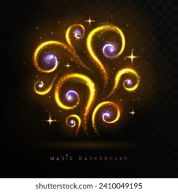 Magic golden glowing shiny trail or magic spirals  isolated on black transparent background. Vector illustration