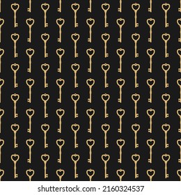 Magic golden keys with heart. Vector retro pattern on black . Catch luck, tint, hint concept. Mystery or clue wallpaper. Fairytale, fantasy wonderland background