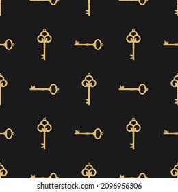 Magic golden keys with stars. Vector retro pattern on black . Catch luck, tint, hint concept. Mystery or clue wallpaper. Fairytale, fantasy wonderland background