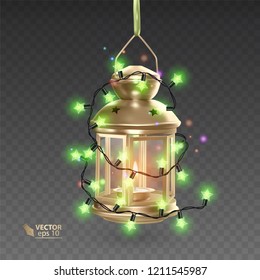 The Magic, golden lamp surrounded by luminous garlands, realistic lamp on transparent background, vector illustration