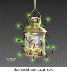 The Magic, golden lamp surrounded by luminous garlands, realistic lamp on transparent background, vector illustration