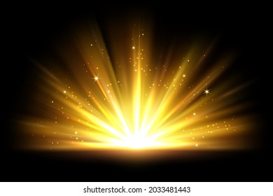 Magic golden light effect with shiny glitter sparks. Warm sun rays, shining lights burst overlay vector background