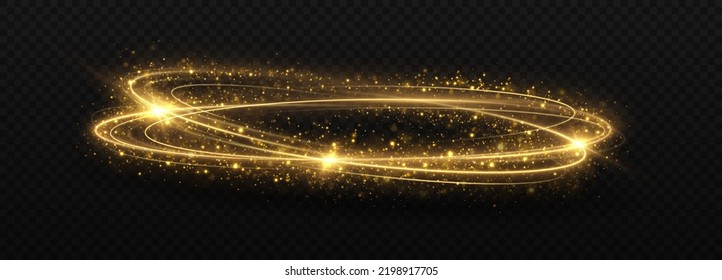 Magic golden light trail with bright stars. Sparkle twirl circles with light effect.