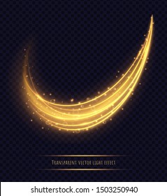 Magic golden light trail effect isolated on transparent background. Luminescent stardust with bright bokeh and sparkles. Vector illustration.