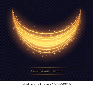 Magic golden light trail effect isolated on transparent background. Luminescent stardust with bright bokeh and sparkles. Vector illustration.