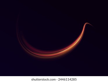 Elemento de diseño de resplandor luminoso dorado mágico sobre fondo oscuro, luminosidad naranja y amarilla, movimiento de neón abstracto que brilla con líneas onduladas. Líneas onduladas claras doradas, brillo mágico, brillo.	
