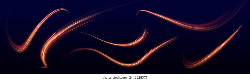 Magic golden luminous glow design element on dark background, orange and yellow luminosity, abstract neon motion glowing wavy lines. Golden light wavy lines, magical glow, shine.	
