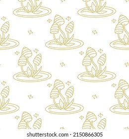 Magic golden mushrooms seamless pattern. Background with mushrooms and stars vector illustration. Magical psychedelic template for fabric, wallpaper, packaging and design