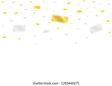 Magic golden and silver confetti ribbons festive background. Vector illustration can be used for greeting card, carnival, celebration