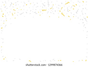 Magic golden and silver confetti ribbons over white festive background. Vector illustration can be used for greeting card, carnival, celebration