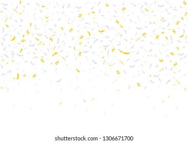 Magic golden and silver confetti ribbons over white festive background. Vector illustration can be used for greeting card, carnival, celebration