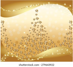 Magic golden sparkles background with Christmas stars, snowflakes and lights. Vector