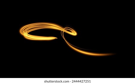 Magic golden spiral line. Glowing neon color swirl with light trail effect, isolated on a black background. Vector illustration perfect for gaming magic themes.