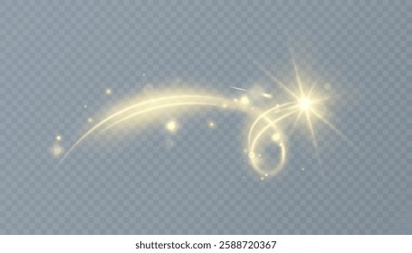 Magic golden swirl for web design and decoration. Golden magic comet with many sparkling bright shimmering light effects. Vector