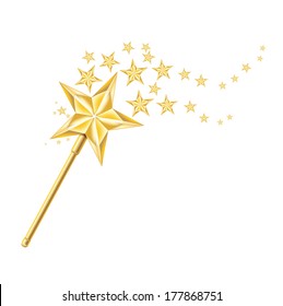 magic golden wand with traces of stars isolated on white background