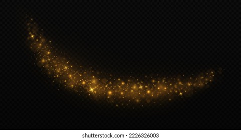Magic golden wave. Sparkle dust particles. Luxury shiny trail of yellow particles. Glowing circle trail.