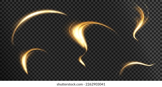 Magic golden wind png festive isolated on transparent background. Golden comet png with sparkling stars and dust.