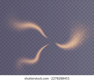 Magic golden wind png festive isolated on transparent background. Golden comet png with sparkling stars and dust.	
