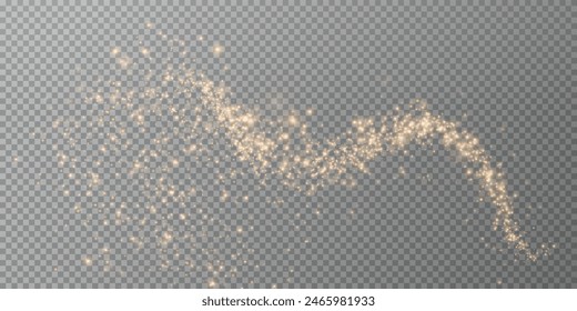 Magic golden wind png festive isolated on transparent background. Golden comet png with sparkling stars and dust. Powder dust light PNG. Magic shining gold dust. Fine, shiny dust bokeh particles fal