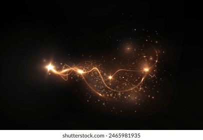 Magic golden wind png festive isolated on transparent background. Golden comet png with sparkling stars and dust. Powder dust light PNG. Magic shining gold dust. Fine, shiny dust bokeh particles fal