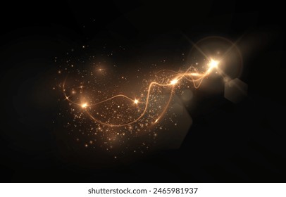 Magic golden wind png festive isolated on transparent background. Golden comet png with sparkling stars and dust. Powder dust light PNG. Magic shining gold dust. Fine, shiny dust bokeh particles fal