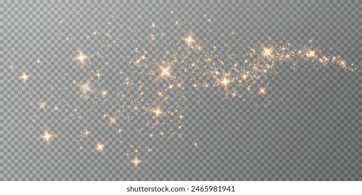 Magic golden wind png festive isolated on transparent background. Golden comet png with sparkling stars and dust. Powder dust light PNG. Magic shining gold dust. Fine, shiny dust bokeh particles fal