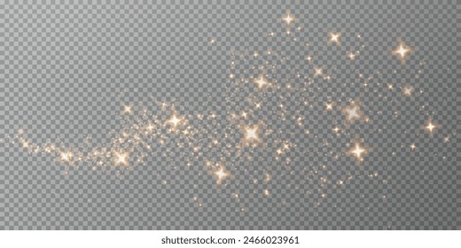 Magic golden wind png festive isolated on transparent background. Golden comet png with sparkling stars and dust. Powder dust light PNG. Magic shining gold dust. Fine, shiny dust bokeh particles fal