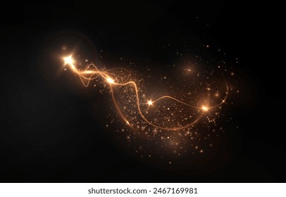 Fiesta mágica del png del viento dorado aislado sobre fondo transparente. Png cometa dorado con estrellas brillantes y polvo. Polvo polvo luz PNG. Polvo mágico de oro brillante. Las partículas finas y brillantes del polvo bokeh caen	
