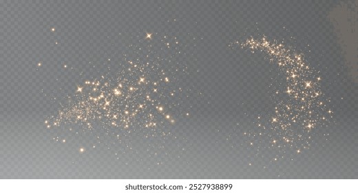 Magic golden wind png festive isolated on transparent background. Golden comet png with sparkling stars and dust. Powder dust light PNG. Magic shining gold dust. Fine, shiny dust bokeh.