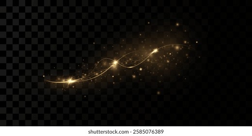 Magic golden wind png festive isolated on transparent background. Golden comet  with sparkling stars and dust. Powder dust light . Magic shining gold dust. 