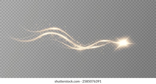 Magic golden wind png festive isolated on transparent background. Golden comet  with sparkling stars and dust. Powder dust light . Magic shining gold dust. 