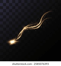 Magic golden wind png festive isolated on transparent background. Golden comet  with sparkling stars and dust. Powder dust light . Magic shining gold dust. 