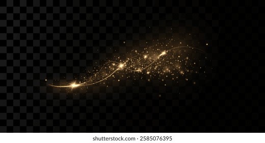 Magic golden wind png festive isolated on transparent background. Golden comet  with sparkling stars and dust. Powder dust light . Magic shining gold dust. 