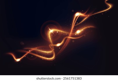 Magic golden wind with shining dust and flashes. Festive banner with shiny golden comet, sparkling stars and bokeh particles. Design for postcard. Realistic vector illustration on black background