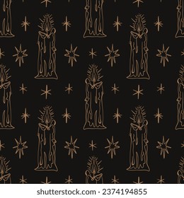 Magic Gothic Dark Academia Line Art Candles Seamless Pattern Background