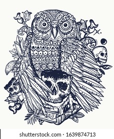 Magic gothic owl bird and stack of books. Education concept. Esoteric tattoo style. Fairy tale art 