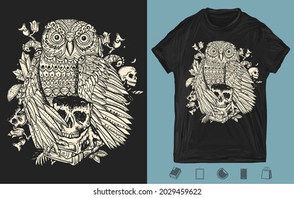 Magic gothic owl bird and stack of books. Education concept. Esoteric tattoo style. Fairy tale art. T-shirt design. Creative print for clothes. Template for posters, textiles, apparels