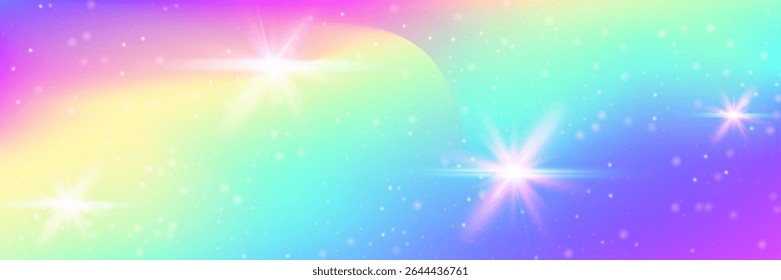 Magic Gradient. Pink Rainbow Hologram And Beautiful Kawaii Pattern. Purple Unicorn Background. Bright Neon Backdrop Of Galaxy, Sky, And Universe Light. Blue Magic Gradient.