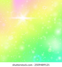 Gradiente mágico. Holograma del arco iris amarillo. Invitación a la princesa. Invitación de los destellos de cuento de hadas. Patrón mágico verde. Fondo azul de la galaxia. Textura de unicornio. Gradiente mágico de fiesta.